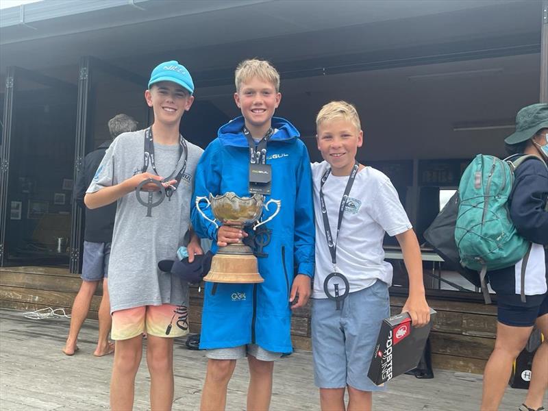 Oli Stone (KYC) 3rd; Will Mason 1st; Will Leech 2nd - Open Optimist fleet prizegiving - Auckland Optimist and Starling Championships, February 7, 2022 - Wakatere BC photo copyright Wakatere BC Media taken at Wakatere Boating Club and featuring the Optimist class