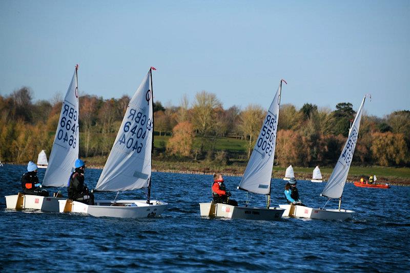 Kate Charlesworth leading a closely matched group in race 3 - IOCA Optimist Winter Championships at Draycote - photo © Stephen Wright