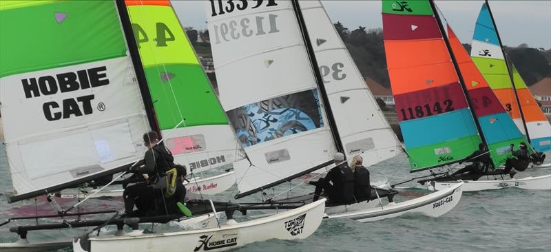 Hobie start line photo copyright Bill Harris taken at Royal Channel Islands Yacht Club and featuring the Optimist class