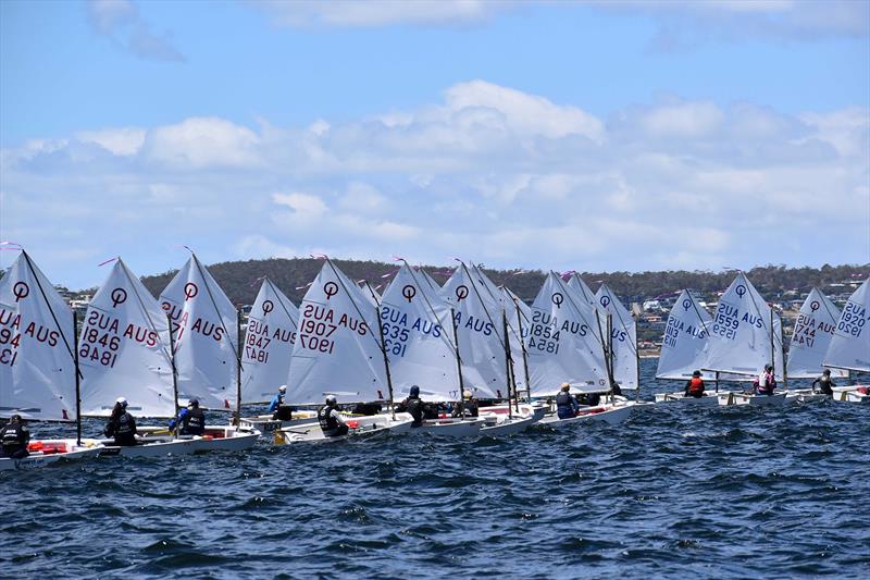 The start line of Race One Gold - 2026 Musto Australian Optimist Championship photo copyright Jane Austin / RYCT Media taken at Royal Yacht Club of Tasmania and featuring the Optimist class