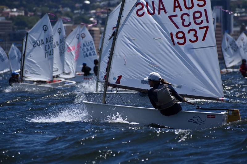 A daring port tack start from Harriet Behrens paid dividends - 2026 Musto Australian Optimist Championship photo copyright Jane Austin / RYCT Media taken at Royal Yacht Club of Tasmania and featuring the Optimist class