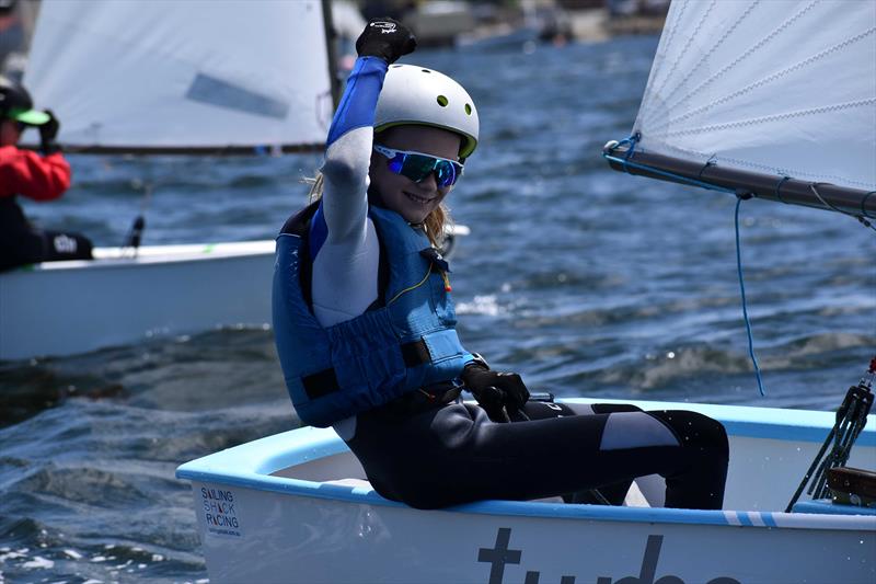 Ace Hill enoying the racing in the Green Fleet - 2026 Musto Australian Optimist Championship photo copyright Jane Austin / RYCT Media taken at Royal Yacht Club of Tasmania and featuring the Optimist class