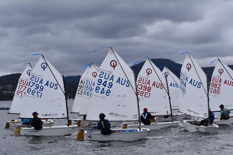 The Intermediate Fleet start line in Race 8 of the Championship - 2026 Musto Australian Optimist Championship photo copyright Jane Austin / RYCT Media taken at Royal Yacht Club of Tasmania and featuring the Optimist class