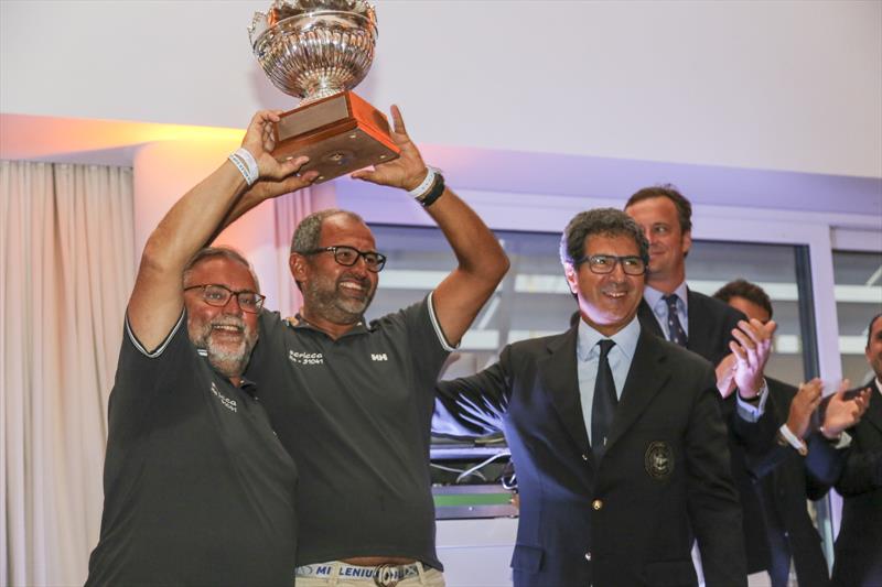 Franco Manzoli and Leonardo Servi (Scricca) are presented with the Trofeo Angelo Randazzo by Agostino Randazzo, President of the Circolo della Vela Sicilia after the 12th Palermo-Montecarlo race photo copyright Cecilia Conterno taken at Yacht Club de Monaco and featuring the ORC class