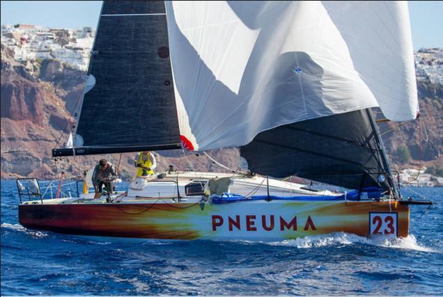 PNEUMA shown in their transit through Santorini. They have taken the lead in the ORC and IRC DH classes in the AEGEAN 600 photo copyright Nikos Alevromytis/HORC AEGEAN 600 taken at Hellenic Offshore Racing Club and featuring the ORC class
