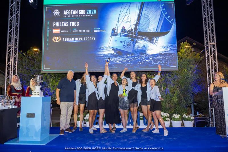 The PHILEAS FOGG (AUT) team showing their thrill at winning the Aegean Hera Trophy for being the first all-female team to finish the race photo copyright Nikos Alevromytis / Alen Photography taken at Hellenic Offshore Racing Club and featuring the ORC class