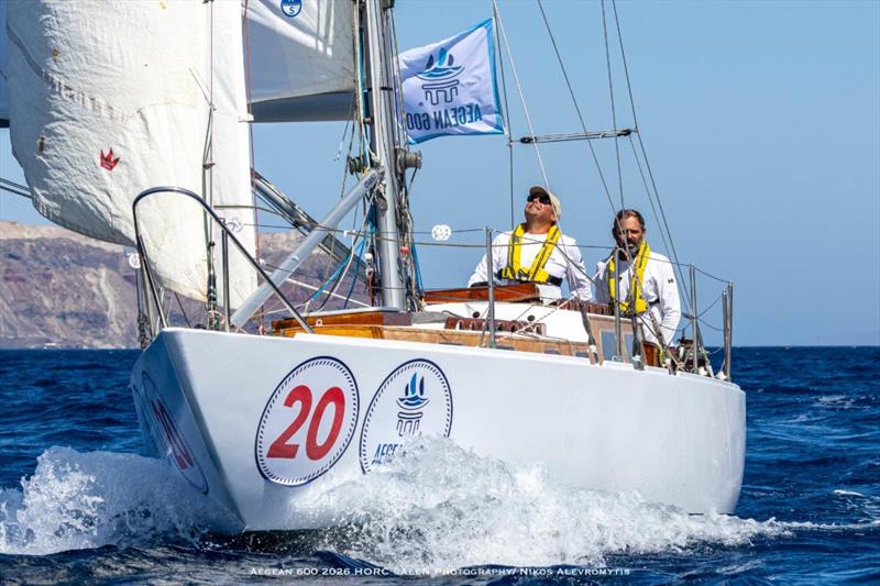 Harris's Maisa 36 MOWGLI OF PORTSMOUTH (ESP), the oldest boat in the fleet, making their transit through the gate at Santorini - photo © Nikos Alevromytis / Alen Photography