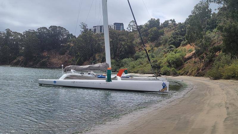 Lawson and his crew carefully brought Defiant onto a beach to properly inspect her hulls after a high-speed collision on San Francisco Bay photo copyright Captain Donald Lawson taken at New York Yacht Club and featuring the ORMA 60 class