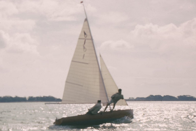 A rare picture of the prototype Osprey being driven hard by Michael Goffe in breeze on the waters of Chichester Harbour during an 'unofficial yet official' set of IYRU Trials photo copyright David Chivers / Austin Farrar Archive taken at  and featuring the Osprey class