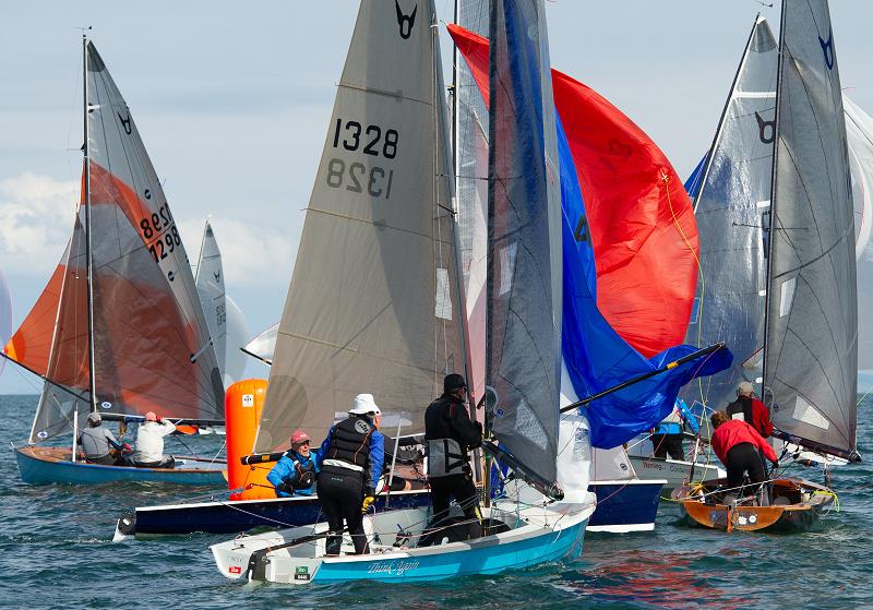 Busy at the gybe mark during the 2021 Osprey Nationals at Tenby photo copyright Alistair Mackay taken at Tenby Sailing Club and featuring the Osprey class