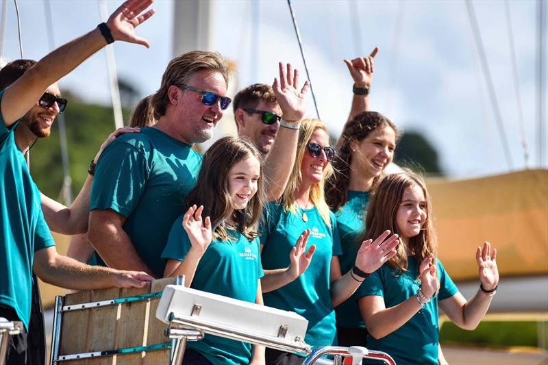 The crew of the Oyster 885, Serafina, waving goodbye to well-wishers just before the leaving the dock at Nelson's Boatyard, Antigua photo copyright James Tomlinson taken at  and featuring the Oyster class