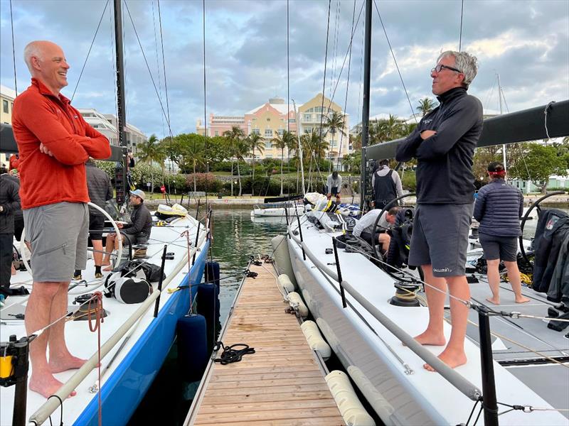 Warrior Won owner Chris Sheehan (left) trades compliments with Callisto owner Jim Murray after arrival at the Royal Bermuda Racht Club docks in Hamilton this morning photo copyright Dave Reed taken at Royal Bermuda Yacht Club and featuring the Pac 52 class