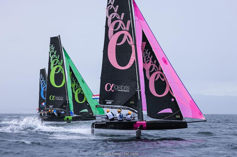 Team DutchSail - Janssen de Jong in magenta and Team France in the green - Youth Foiling Gold Cup Grand Final - photo © Sailing Energy / 69F Media