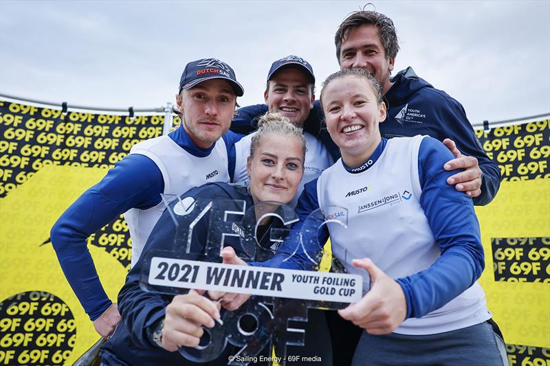 Team DutchSail - Janssen de Jong with from left to right. Cas van Dongen, Merle Louwinger, Scipio Houtman, Ismene Usman and Pieter-Jan Postma - Youth Foiling Gold Cup Grand Final photo copyright Sailing Energy / 69F Media taken at  and featuring the Persico 69F class