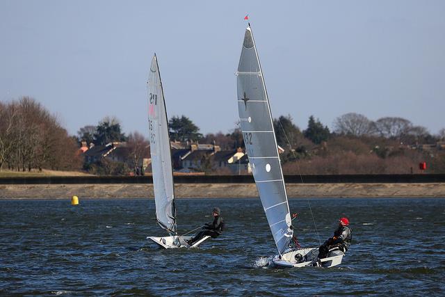 Racing towards the dam for a change on day 8 of the Alton Water Frostbite Series photo copyright Tim Bees taken at Alton Water Sports Centre and featuring the Phantom class