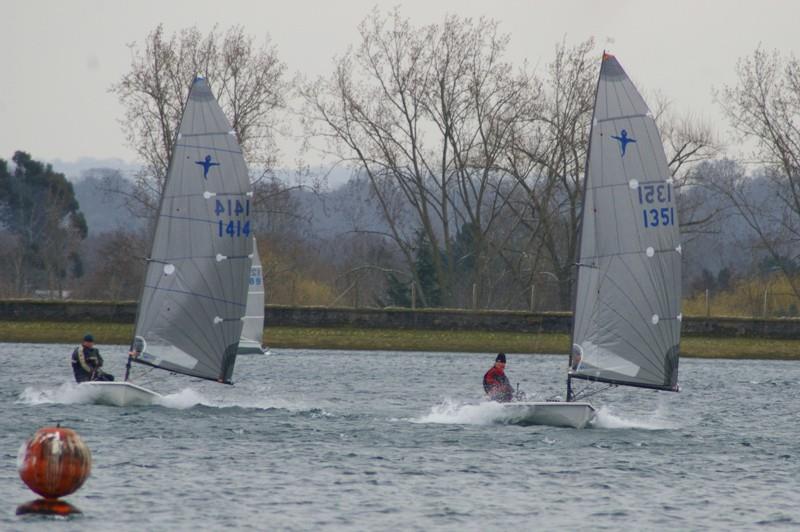 Event winner John Oldham leads Steve (borrowed sail) Popham on a chilly reach during the Island Barn Phantom Open photo copyright Jim Champ taken at Island Barn Reservoir Sailing Club and featuring the Phantom class