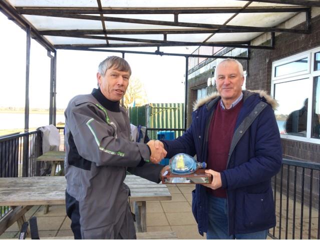 Bob Portway (left) receives the Phantom Eastern Region Travellers Trophy from 2017 winner Chris Roberts photo copyright Diane Roberts taken at Alton Water Sports Centre and featuring the Phantom class