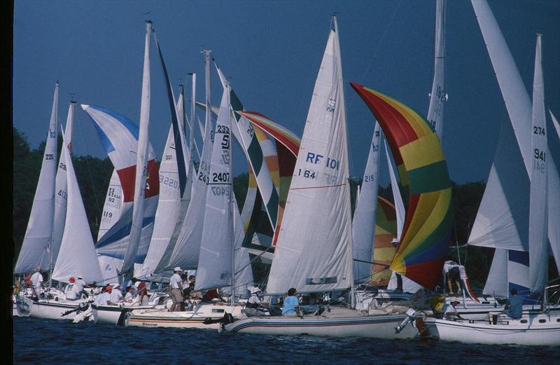 Typically, the start of the annual Mug Race is downwind in light air. A large fleet is a nail-biting but spectacular event photo copyright The Mug Race taken at The Rudder Club of Jacksonville and featuring the PHRF class