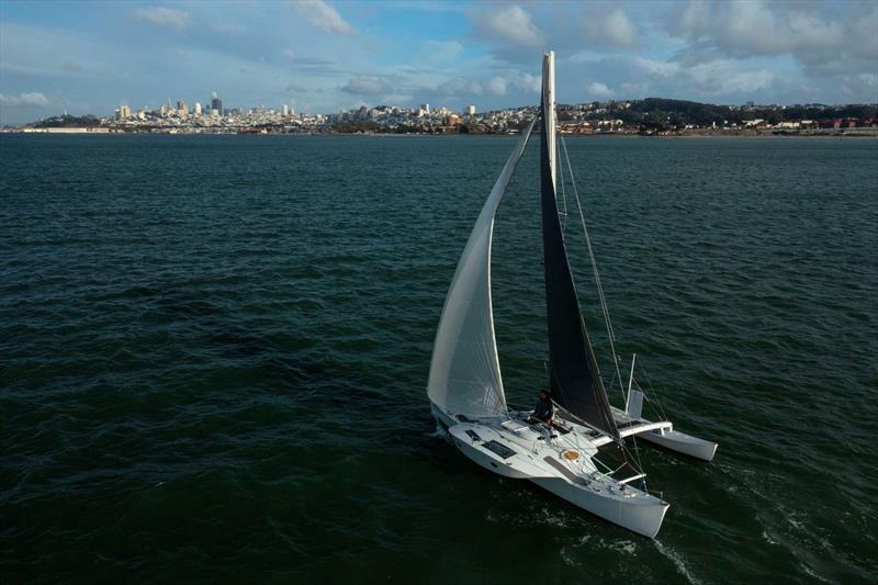 Ryan Finn sails into San Francisco Bay aboard his Proa, Jzerro, by way of Cape Horn. Jzerro carries Colligo-built standing rigging photo copyright Colligo Marine taken at Atlantic Yacht Club, New York and featuring the PHRF class