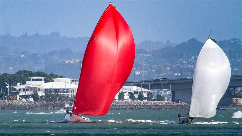 Equilibrium (red spinnaker) and Mr Kite soon after the start of the Three Kings Race - April 16, 2026 photo copyright Richard Gladwell - Sail-World.com/nz taken at Royal New Zealand Yacht Squadron and featuring the PHRF class