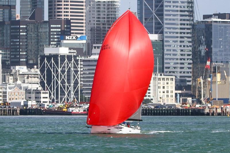 Equilibrium passes downtown Auckland soon after the start of the Three Kings Race - April 16, 2026 photo copyright Richard Gladwell - Sail-World.com/nz taken at Royal New Zealand Yacht Squadron and featuring the PHRF class