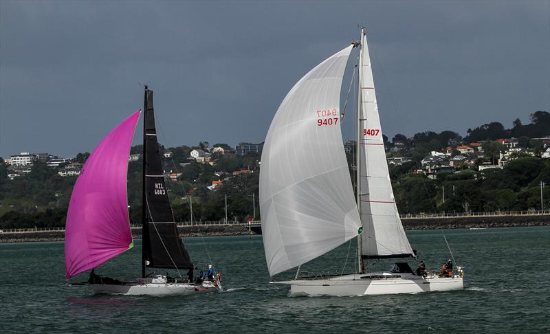 Akonga (Nick Roberts) chases Higher Ground (John Seely) soon after the tart of the Three Kings Yacht Race on April 16, 2026 - photo © Richard Gladwell - Sail-World.com/nz