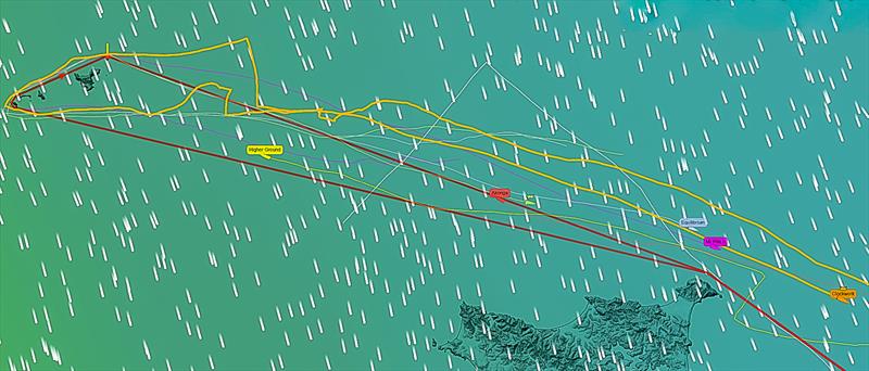 Positions at 2325hrs Friday - Clockwork (Orange), Wired (White), Mr Kite (Mauve),  Equilibrium (Ming Blue), Motorboat III (Lilac) -  Three Kings Race - April 16, 2026 photo copyright Yellow Brick taken at Royal New Zealand Yacht Squadron and featuring the PHRF class