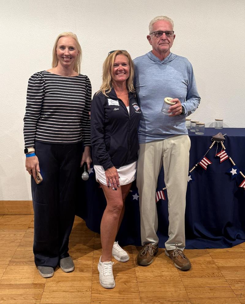 (l-r) Laura Ness, Regatta Director; Lynn Mills, Riverton Yacht Club Commodore and crew; Dan Walsh, skipper on Mariner Class winner, Mariner at thePhiladelphia Cup Regatta 2026 - photo © Gloria Esposito
