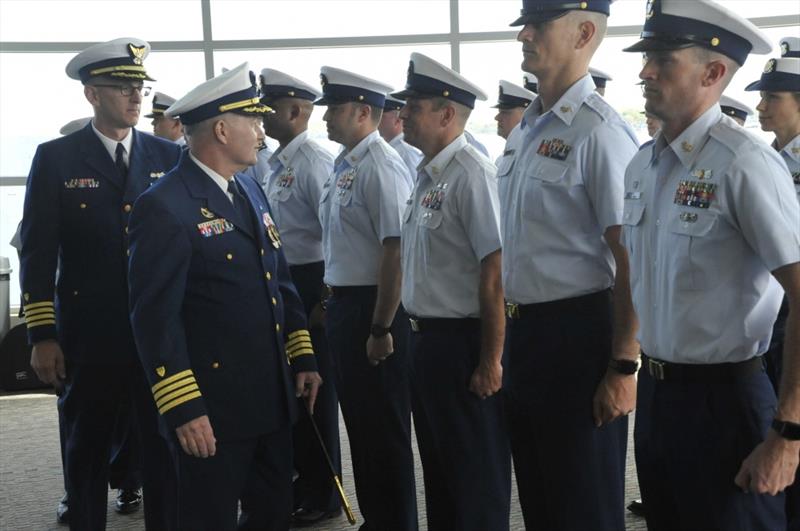 Capt. Michael A. Baroody, center-left, outgoing commander at Coast Guard Sector Northern New England, inspects personnel along with incoming commander, Capt. Brian J. LeFebvre, far left, during a change of command ceremony, Friday, May 18, 2018 photo copyright Petty Officer 3rd Class Brandon Hillard taken at  and featuring the Power boat class