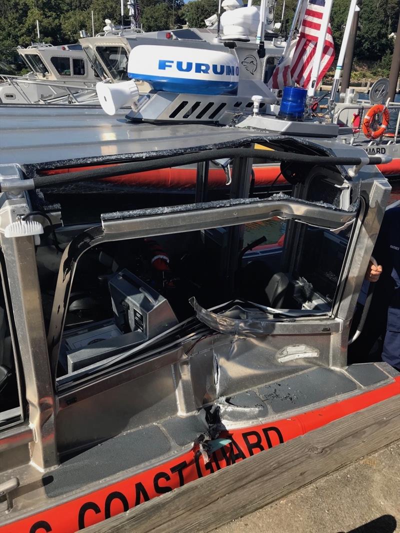 Close up view of the damage of a 29-foot response boat small after it collided with another 29-foot response boat during training off Falmouth, Massachusetts, Wednesday, Sept. 5. Maritime Safety & Security Team Cape Cod is located at Air Station Cape Cod. - photo © U.S. Coast Guard