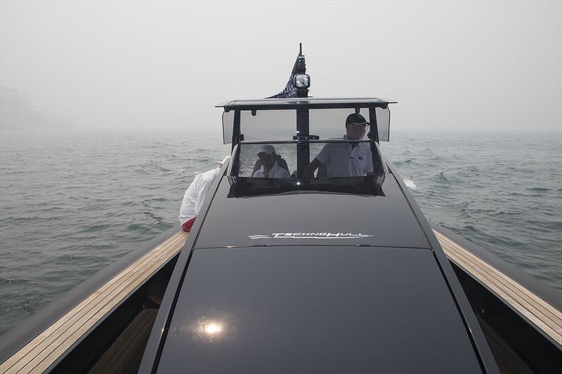 It was meant to be the SOLAS Big Boat Challenge. Smoke conditions on Sydney Harbour meant that plain old visual navigation was difficult enough - Nic Doig-Higgs in command of the Technohull Omega 45 photo copyright John Curnow taken at Cruising Yacht Club of Australia and featuring the Power boat class