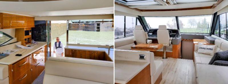 LEFT: The woodwork is one of the Larsen's favourite features on their 525 SUV. RIGHT: The Larsens particularly enjoy great visibility from the helm photo copyright Riviera Australia taken at  and featuring the Power boat class