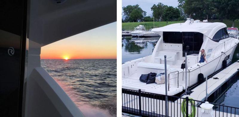 LEFT: Cruising at 31 knots on the north end of Lake Huron on the Great Lakes. RIGHT: Loose Wire moored at the Larsen home in Kenosha, Wisconsin photo copyright Riviera Australia taken at  and featuring the Power boat class