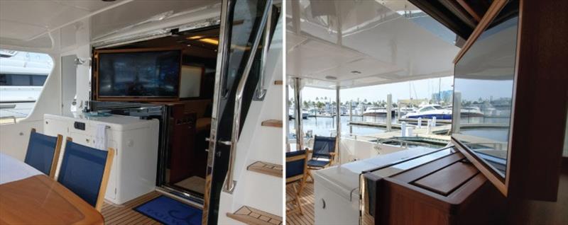 Custom salon lowering glass wall - photo © Outer Reef Yachts