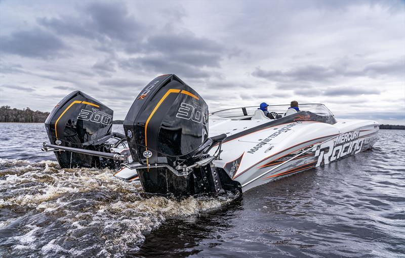 Twin Mercury Racing 300R on an MTI powercat - photo © Mercury Racing