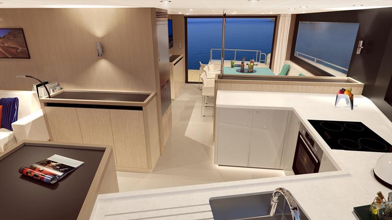 Leen 50 - Communal areas, saloon, dining room, galley and wheelhouse are on the same level. These open-plan living spaces are inviting, warm and bright with a breathtaking 360° view photo copyright LEEN-Trimarans taken at  and featuring the Power boat class