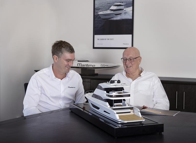 Assuming control, Managing Director Tom Barry-Cotter, and Founder Bill Barry-Cotter review the model of the new M75, 20 years after the groundbreaking Maritimo 60 was unveiled photo copyright Maritimo taken at  and featuring the Power boat class