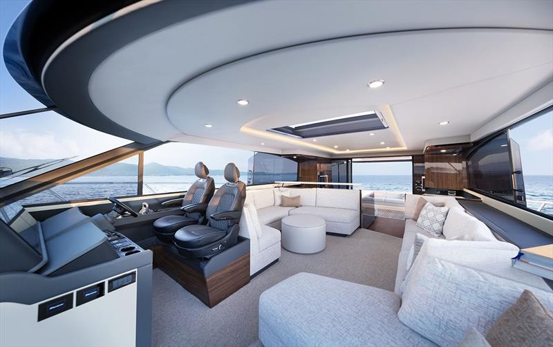 The S75 lounge, helm station and opposing cruising lounge all sit for'ard of the true ocean going galley - photo © Maritimo