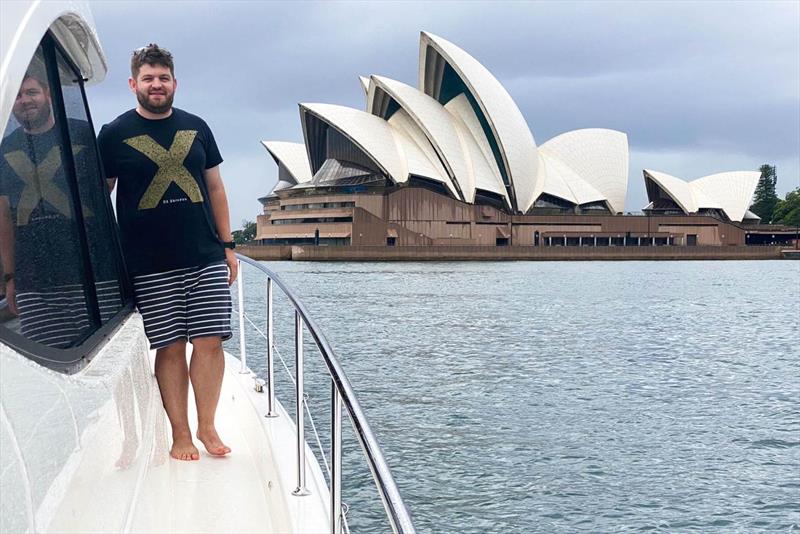 Josh aboard Taylor Made at the Sydney Opera House photo copyright Riviera Australia taken at  and featuring the Power boat class