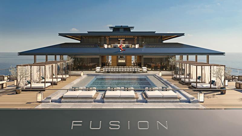 FUSION - 118m trimaran superyacht concept - terrace overview - photo © Sinot Yacht Architecture & Design