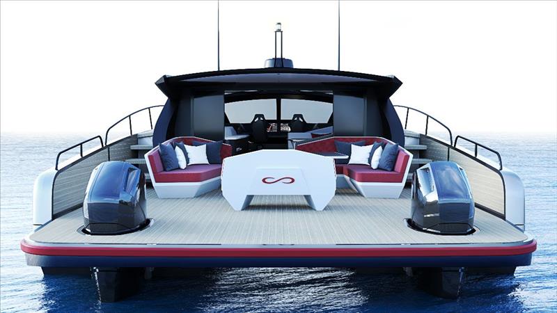 Infiniti 60 Powercat - Stern view of the Infiniti 60 Powercat Coupe version showing her twin outboard arrangement - photo © Infiniti Yachts