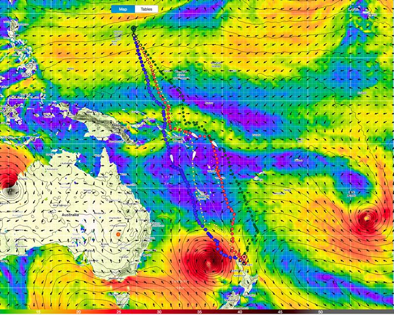 The Sea of Frustration (purple indicating winds of less than 5kts) craeted by two cyclones passing through the SW Pacific ahead of the Volvo Ocean Race Fleet on Leg 6 - photo © Predictwind.com