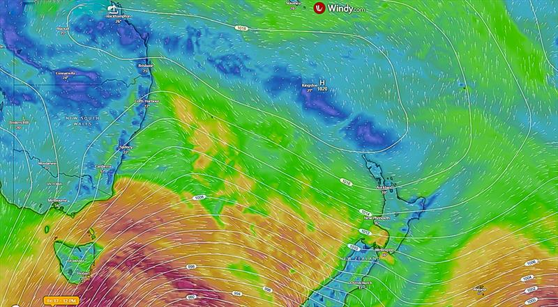 High level Isobars show an area of high pressure moving across the race area, accounting for the light winds that have been a vexed issue for the Three Kings race fleet - April 17, 2026 - photo © Windy.com
