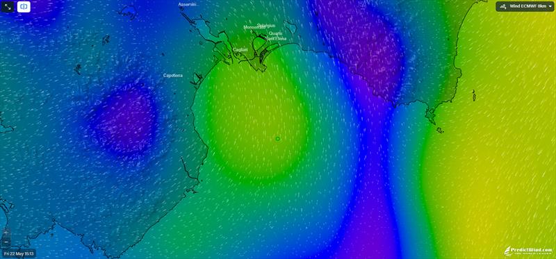 Pedictwind wind forecast map - Cagliari @ 1513hrs on May 22, 2026 - photo © Predictwind.com