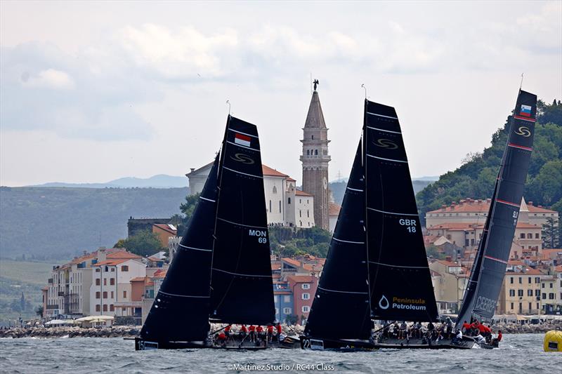 The ancient town of Piran provided a picturesque backdrop to the weather mark - 2018 RC44 Portorož Cup - Day 2 photo copyright Nico Martinez / www.MartinezStudio.es taken at Yacht Club Marina Portorož and featuring the RC44 class