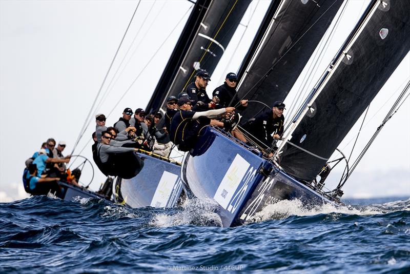 Hiking hard - Artemis Racing leads Team Nika and Peninsula Petroleum - 44Cup Cascais photo copyright Pedro Martinez / Martinez Studio taken at Porto Montenegro Yacht Club and featuring the RC44 class