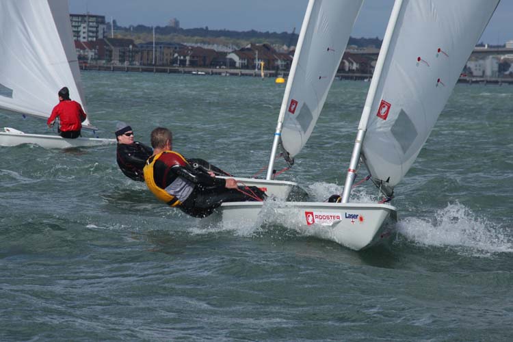 Andy Gordan rounded mark one just in front of Simon Barrigton (day 2) photo copyright Eddie Mays taken at Weston Sailing Club and featuring the Rooster 8.1 class