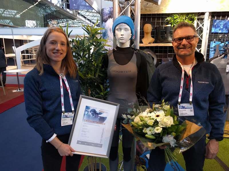 Steve Cockerill and Kate Sargent celebrate Rooster Sailing's win at the DAME awards for the Rooster Exofleece - photo © Mark Jardine