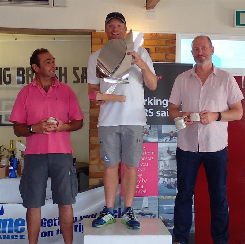 (l-r) Greg Booth (3rd), Al Dickson (Champion), Andy Jones (2nd) in the 2016 Volvo Noble Marine RS100 Nationals at Exe photo copyright David Smart taken at Exe Sailing Club and featuring the RS100 class