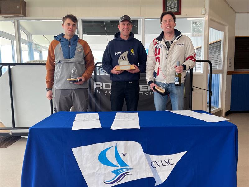 Podium finishers (l-r) Jake Bowhay (3rd), Nigel Wakefield (1st) and Ian Gregory (2nd) in the RS100 Inlands at Chew Valley Lake - photo © Gus Cameron, CVLSC